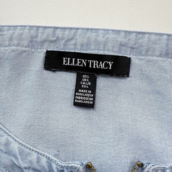 Ellen Tracy Popover Tunic Top Womens L Light Blue Tencel Lyocell Roll Tab Sleeve - Picture 4 of 6